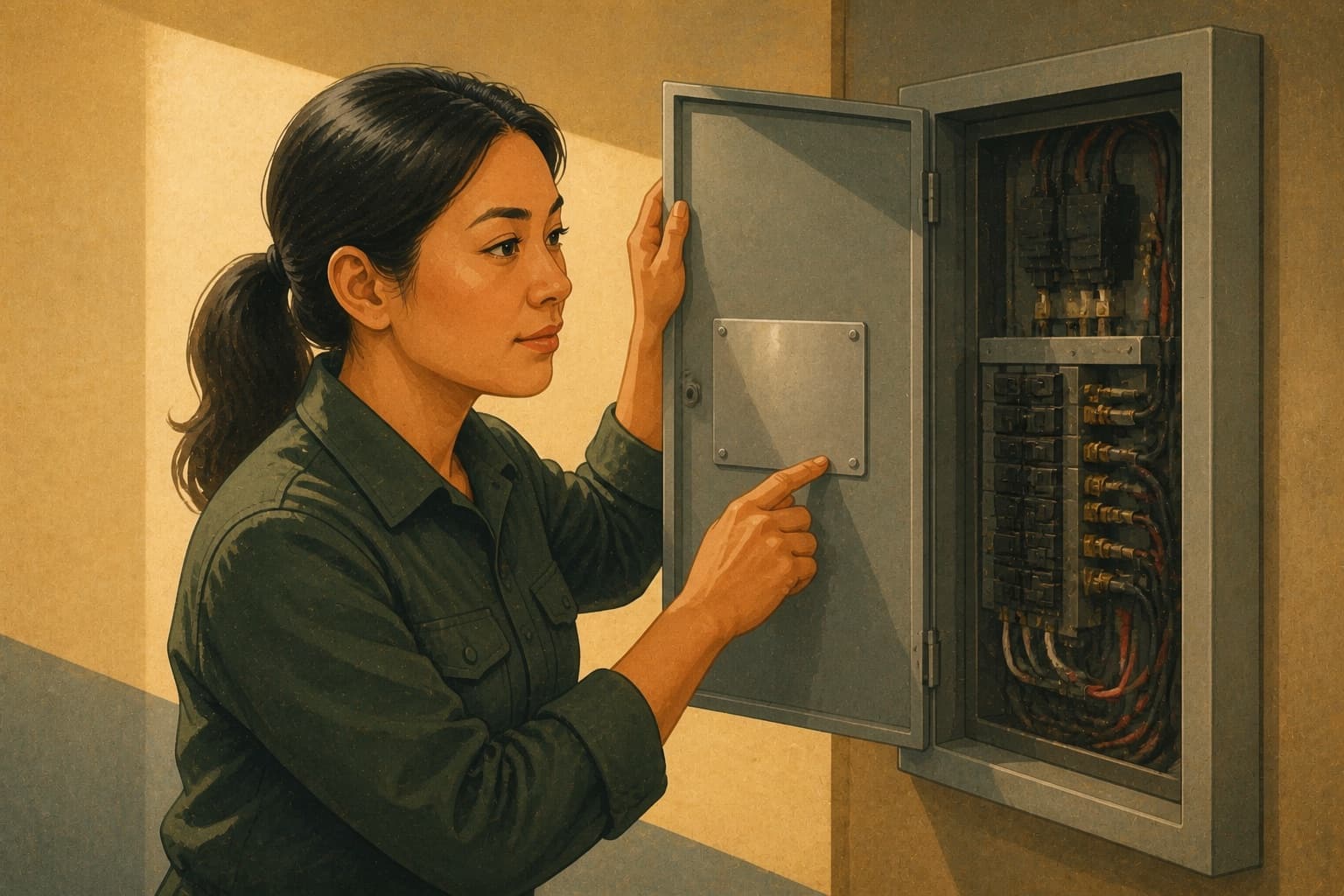 Electrician reading the rating plate on an open electrical panel
