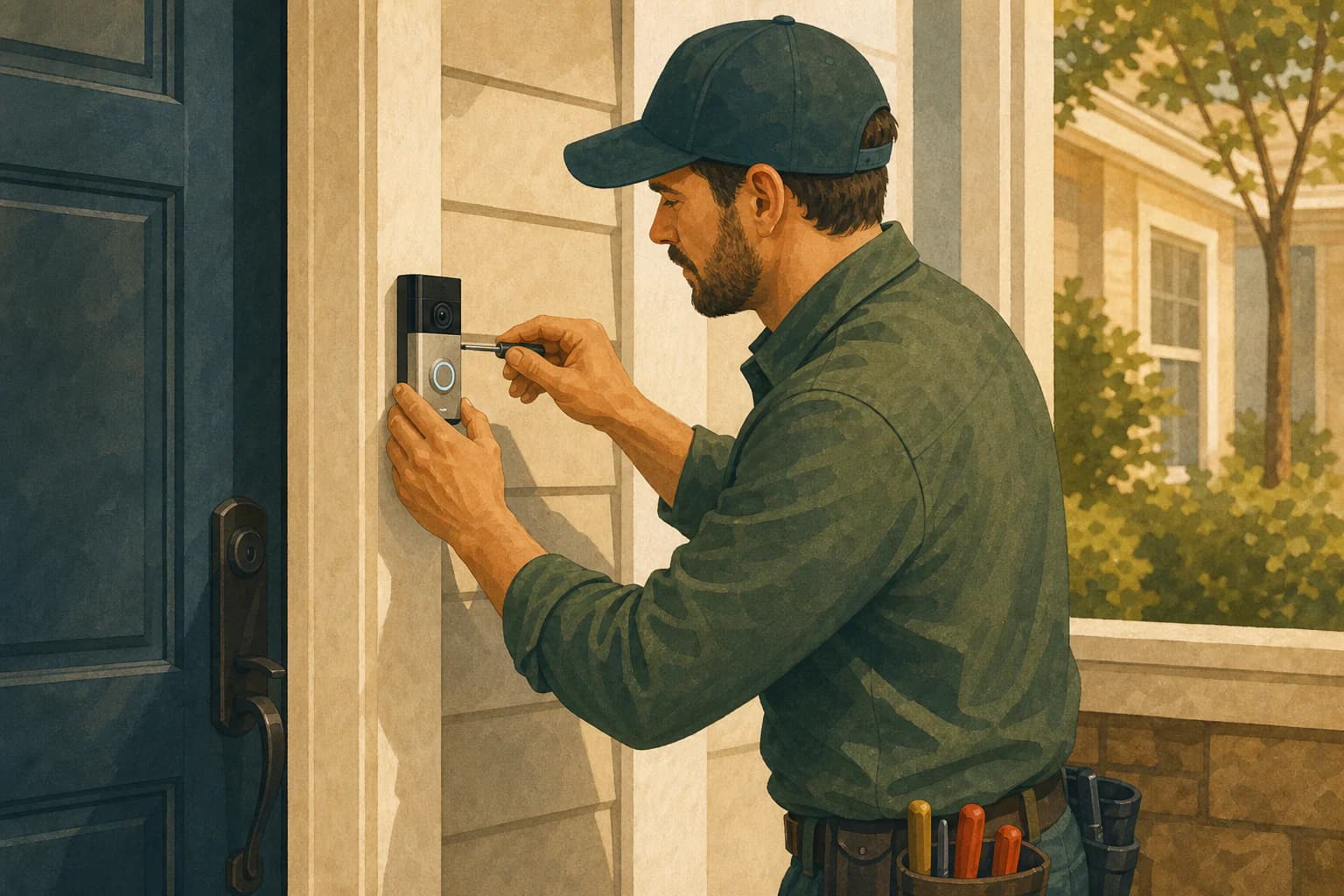 Smart home installer testing a newly installed video doorbell