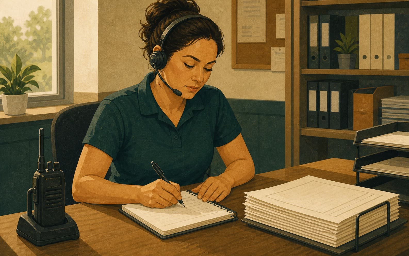 Service dispatcher writing in an operations log at a home services desk
