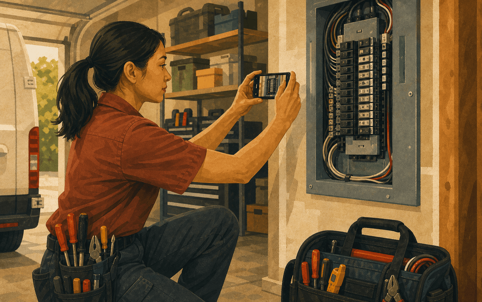 Electrical technician photographing a completed breaker panel repair