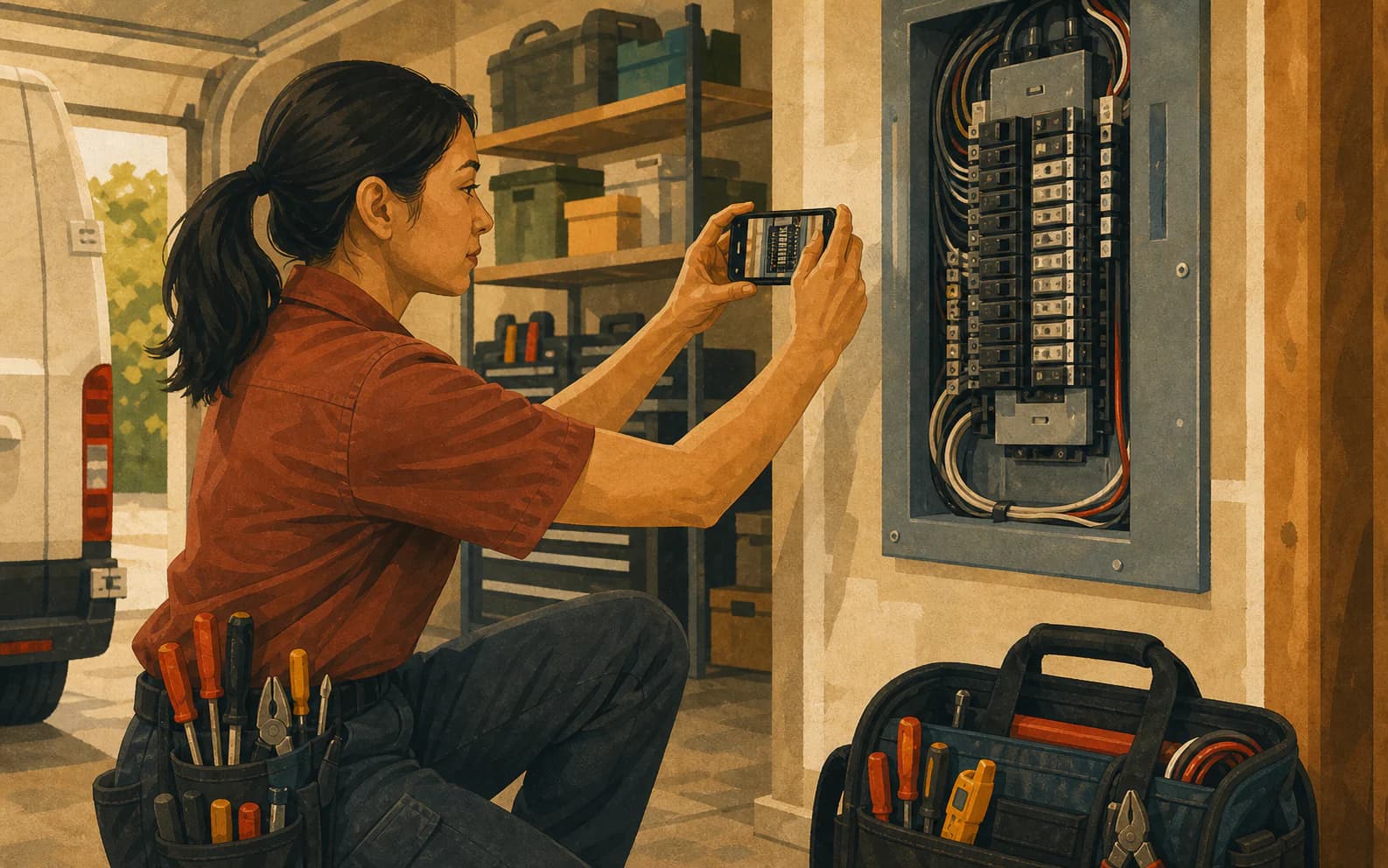 Electrical technician photographing a completed breaker panel repair