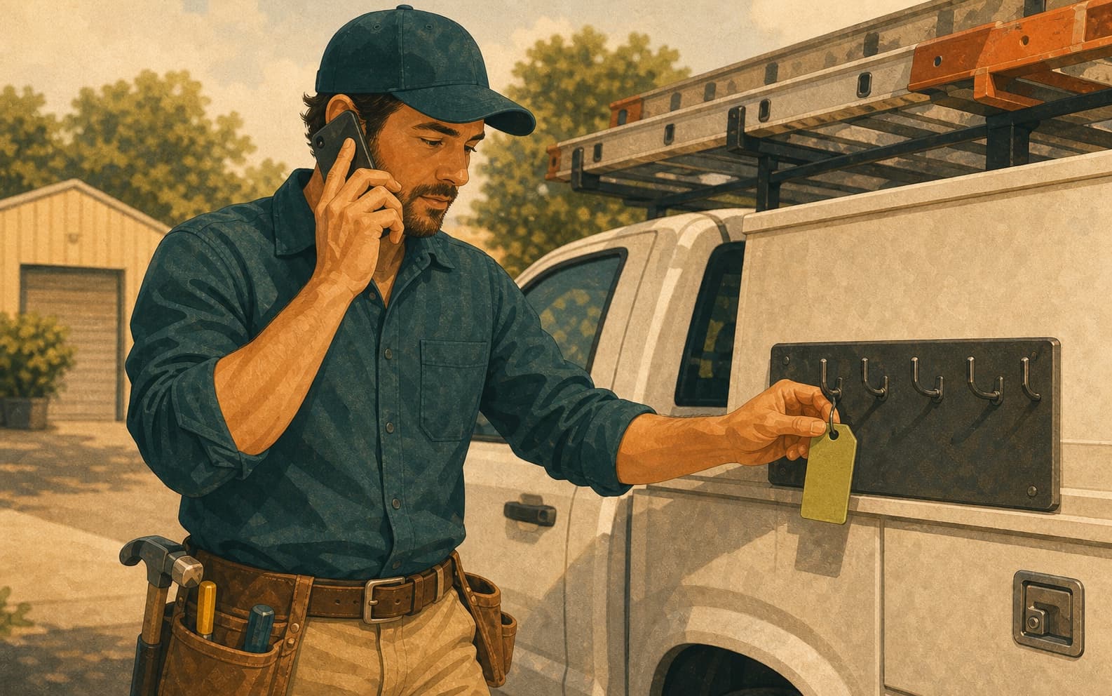 Roofing estimator taking a phone call while hanging a blank lead tag on a service truck rack