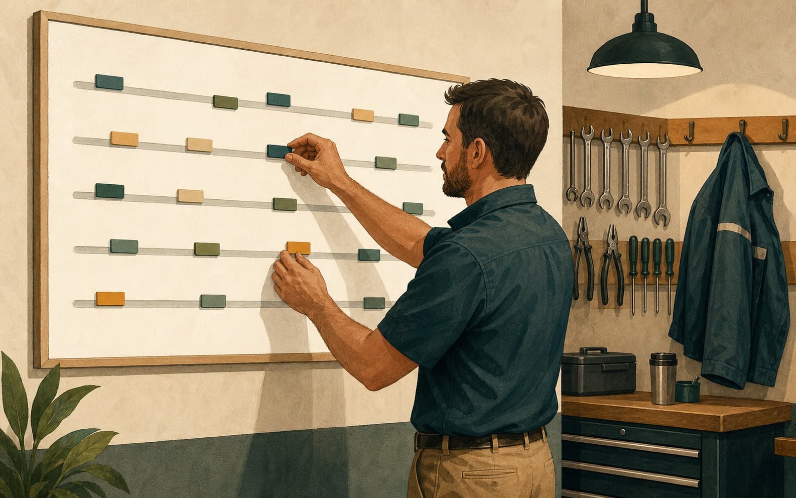 Regional home services manager organizing branch status markers on a plain operations board