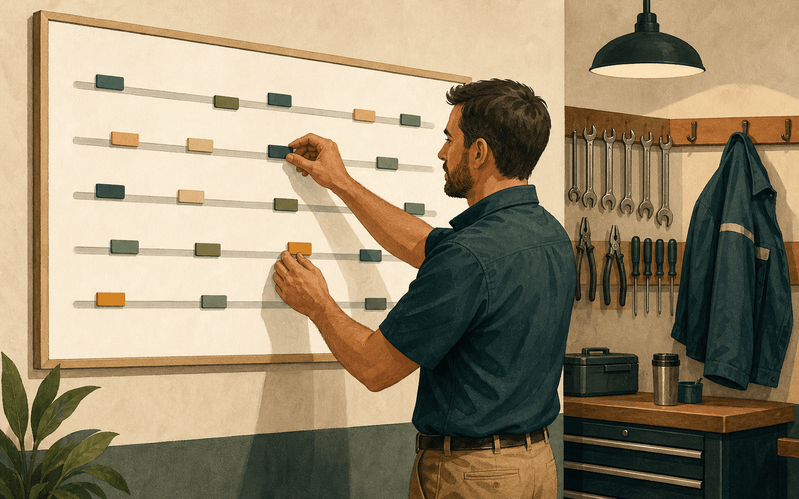 Regional manager organizing branch status markers on an operations board