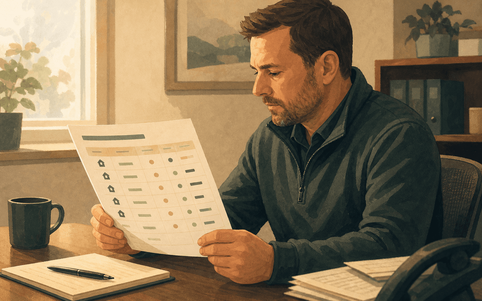 Regional home services manager reviewing a printed location audit sheet
