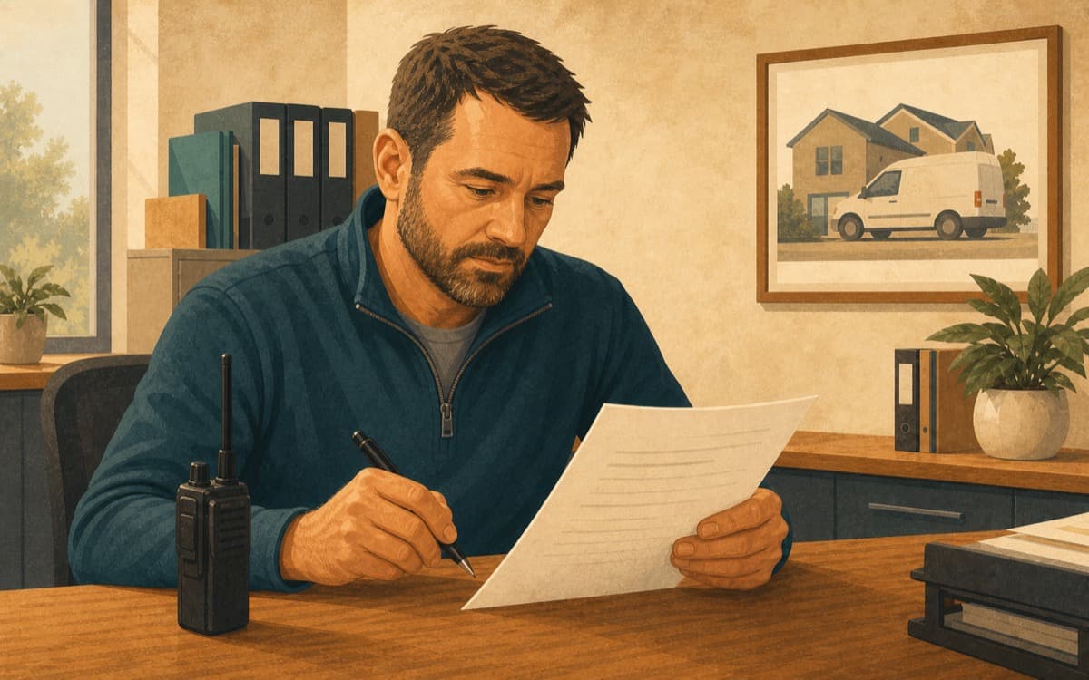 Home services manager reviewing a plain branch checklist in a dispatch office