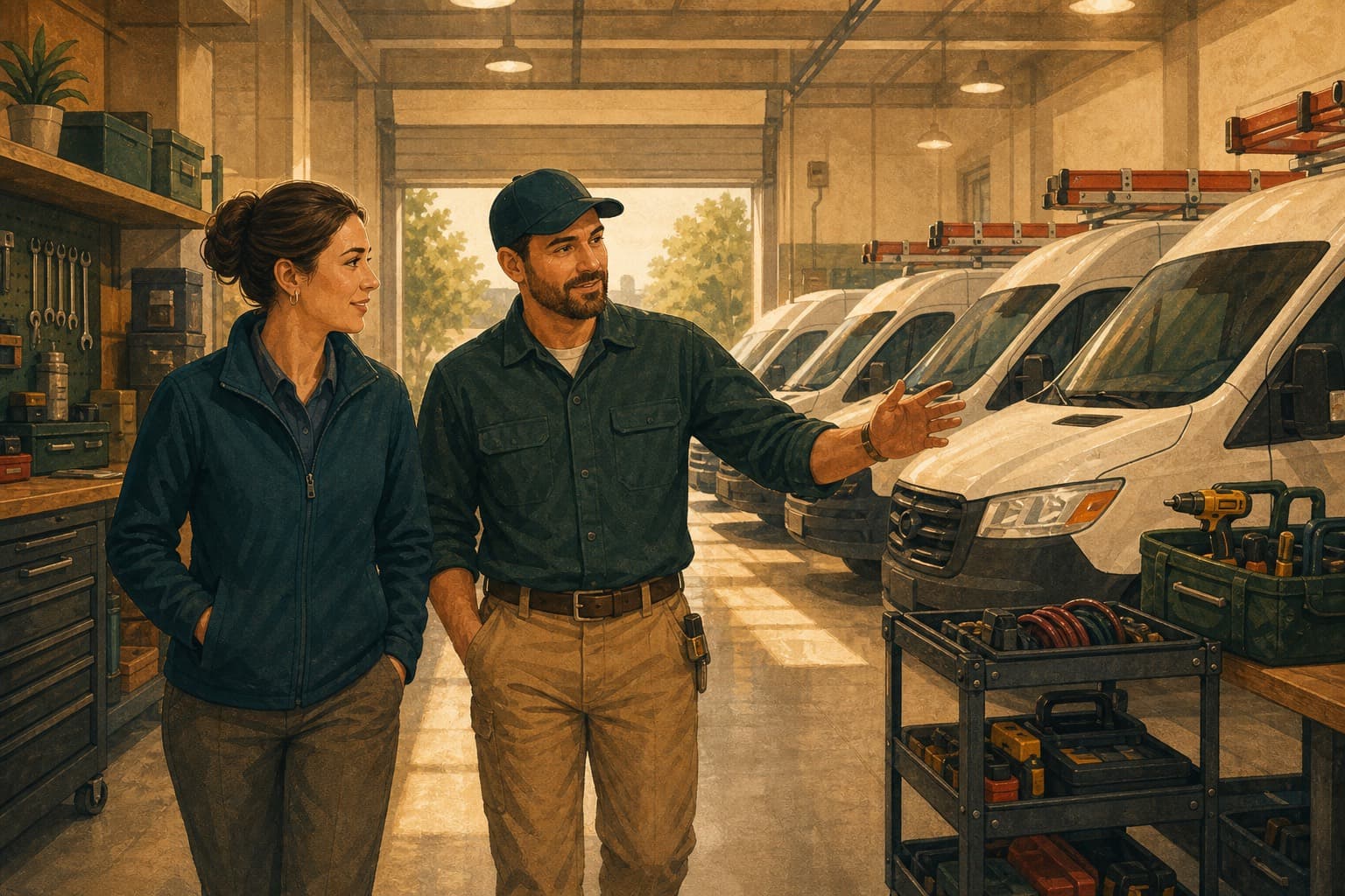 Regional operations manager walking through a service garage with a crew lead