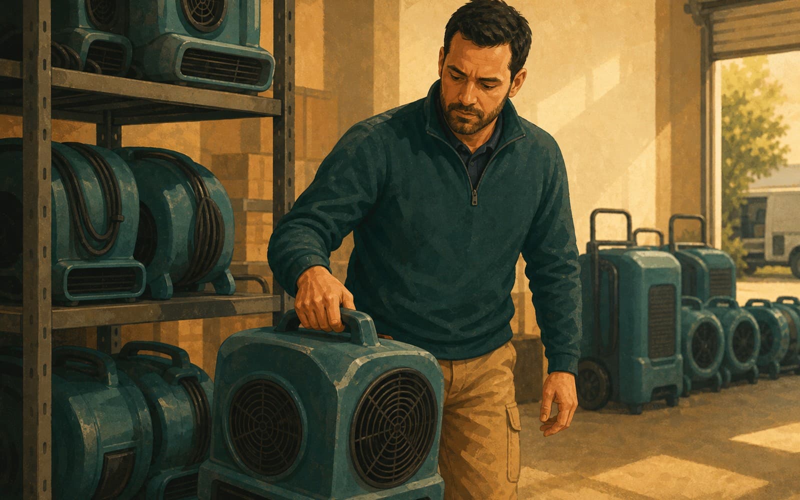 Service operations manager organizing equipment in a restoration branch