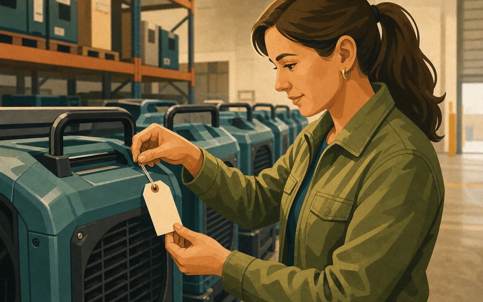 Restoration operations manager tagging commercial drying equipment in a branch warehouse