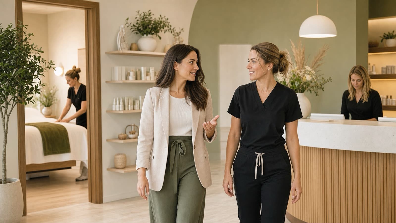 Regional marketing lead walking through a wellness franchise lobby with a studio manager