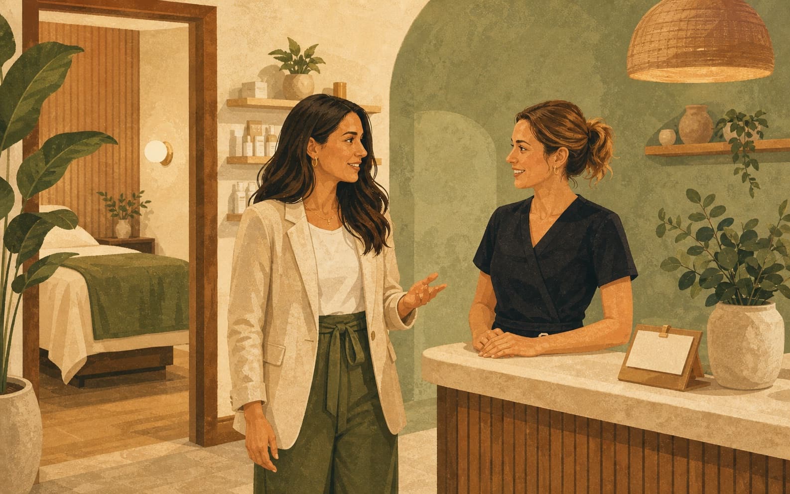 Regional marketing lead walking through a wellness franchise lobby with a studio manager