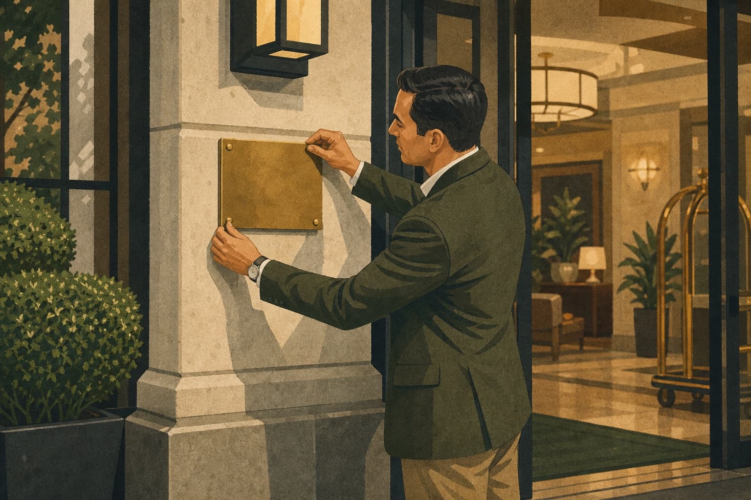 Hotel operations manager aligning a plain entrance plaque at a physical location