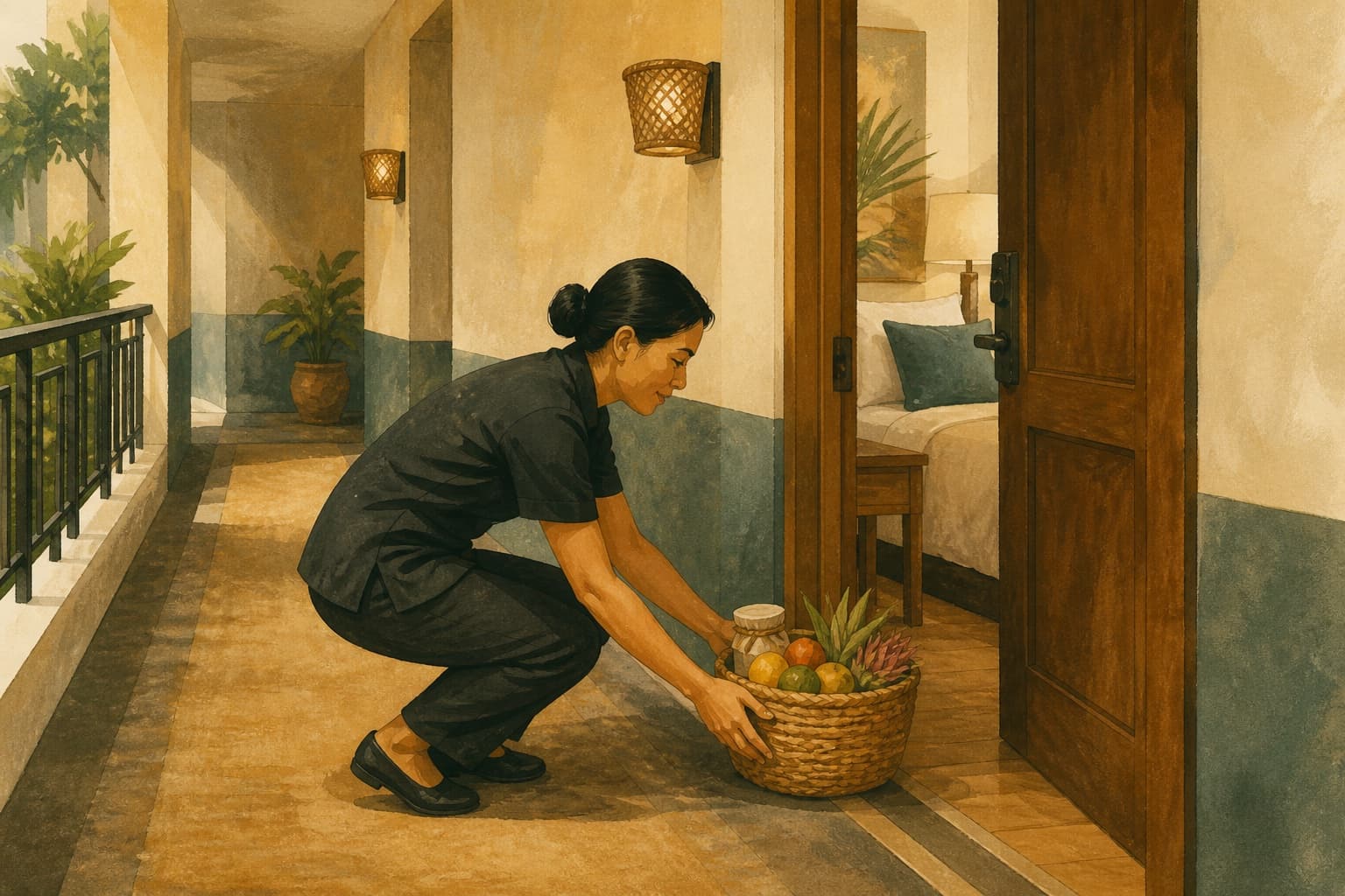 Hotel operations employee placing a seasonal welcome basket at one guest-room doorway