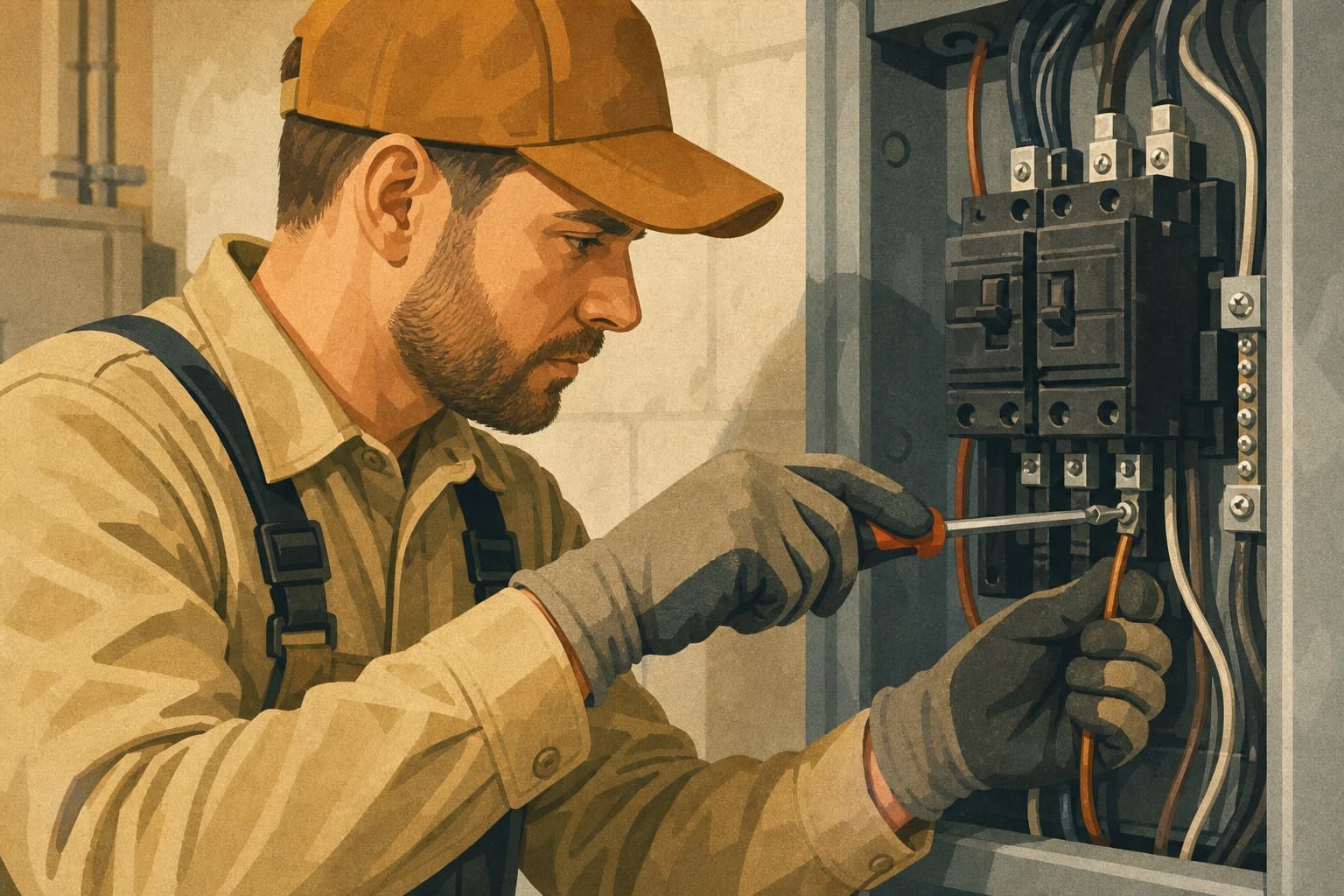 Electrician tightening a connector inside a residential breaker panel