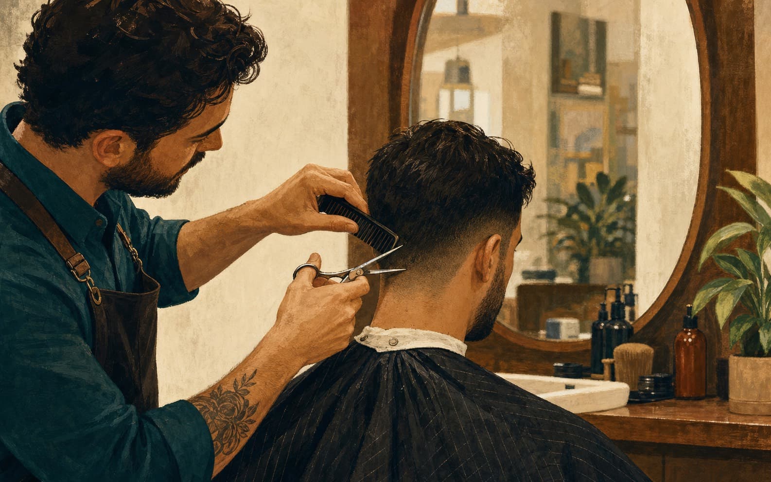 Barber trimming a client's neckline in a warm local barbershop