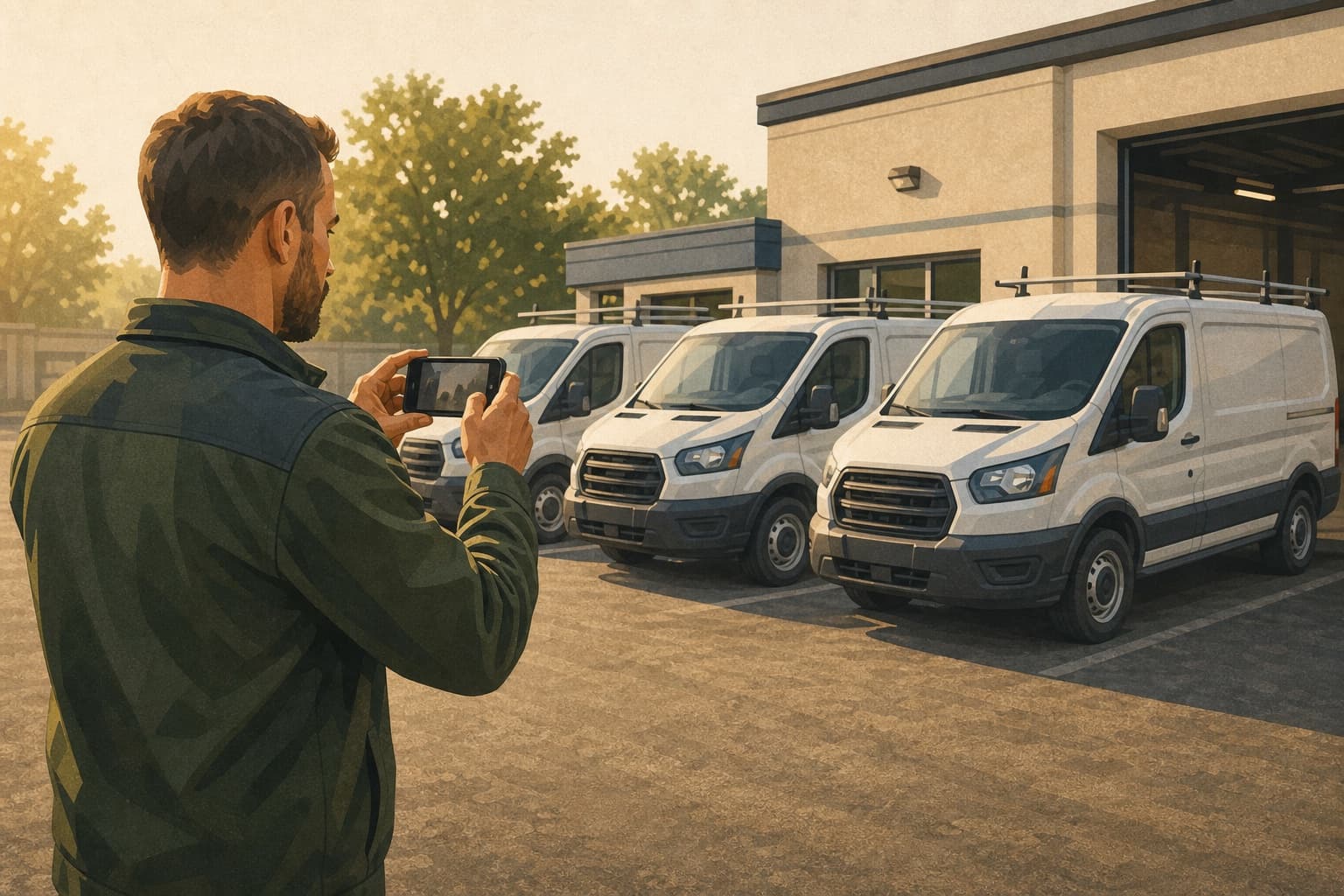 Regional home-service operations lead photographing an unbranded service-van lineup at a branch
