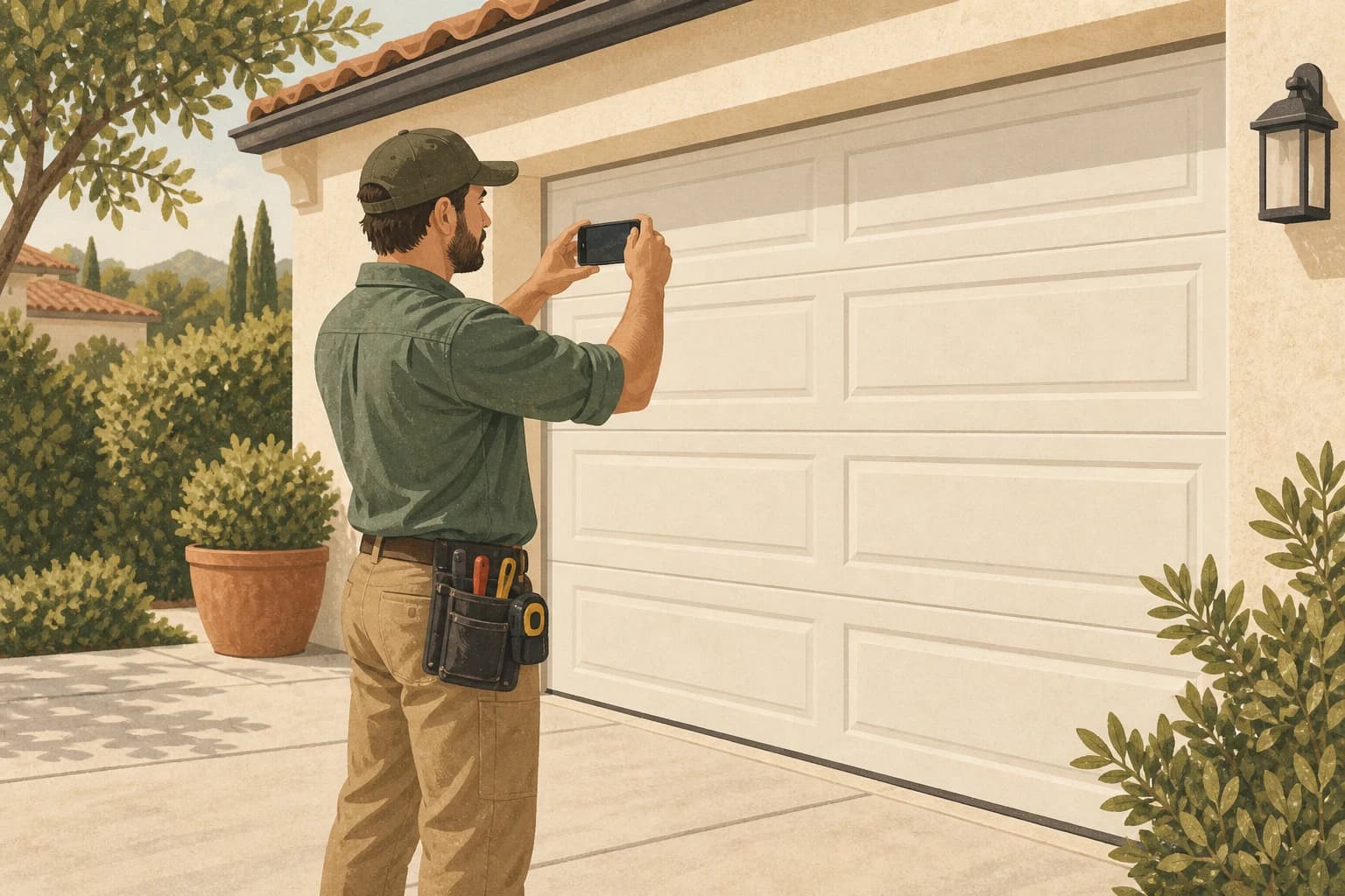 Editorial illustration of a garage-door technician photographing completed work