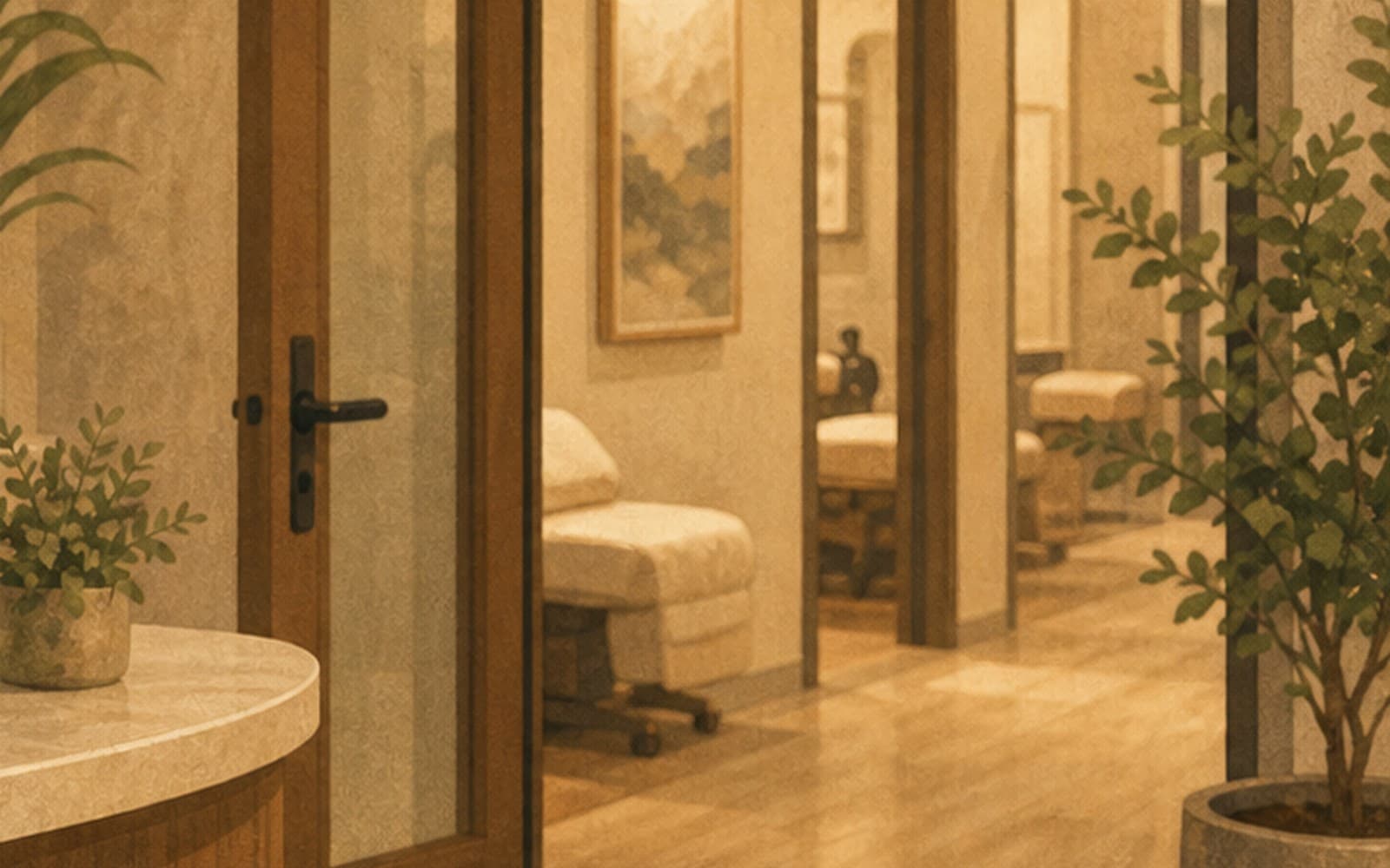 Warm wellness treatment rooms prepared for local customer visits