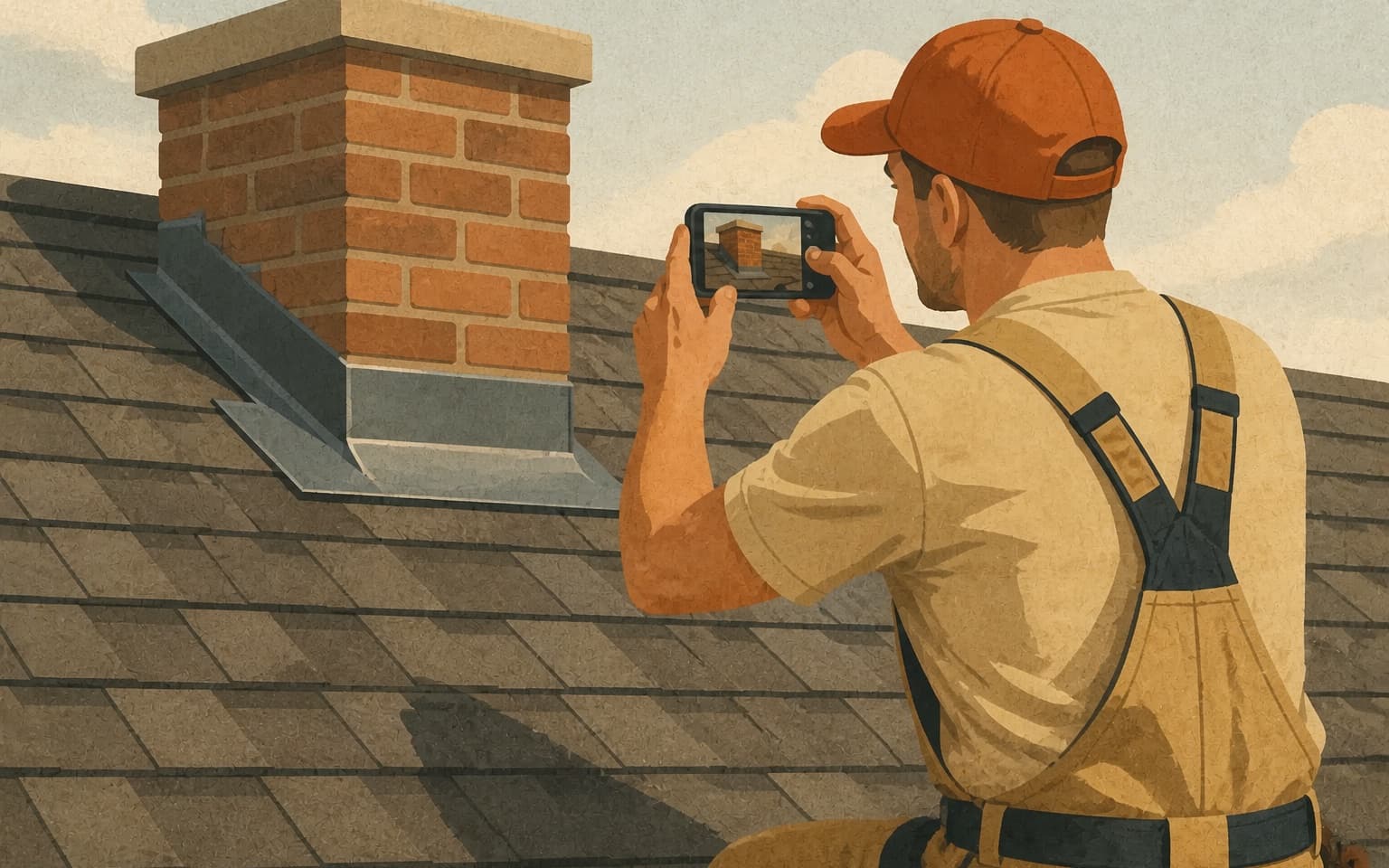 Roofing crew lead photographing completed chimney flashing on a residential roof