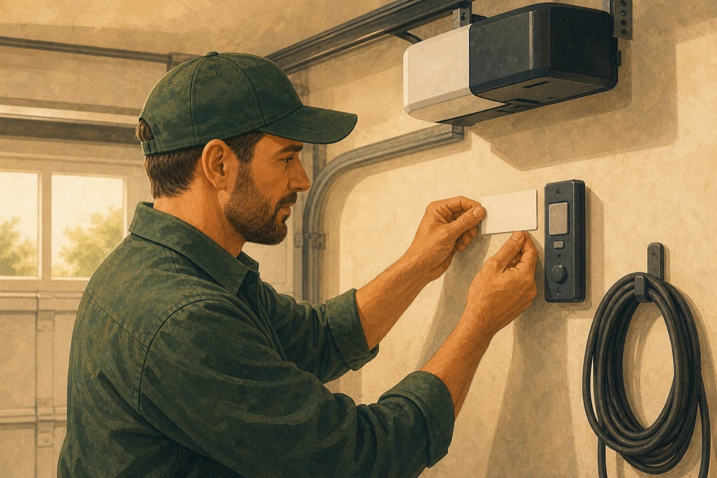 Garage door technician attaching a blank routing label beside a service bay control panel