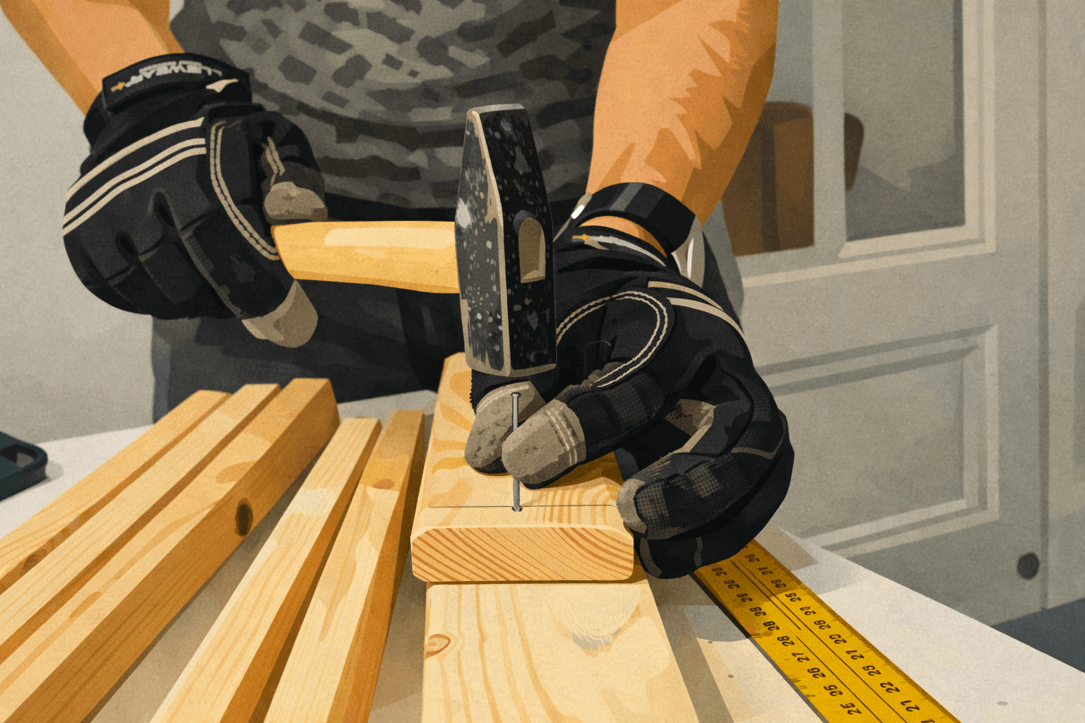 Carpenter nailing a wood frame