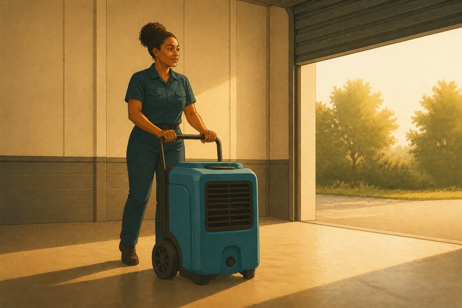 Restoration branch manager rolling a dehumidifier toward an open warehouse bay