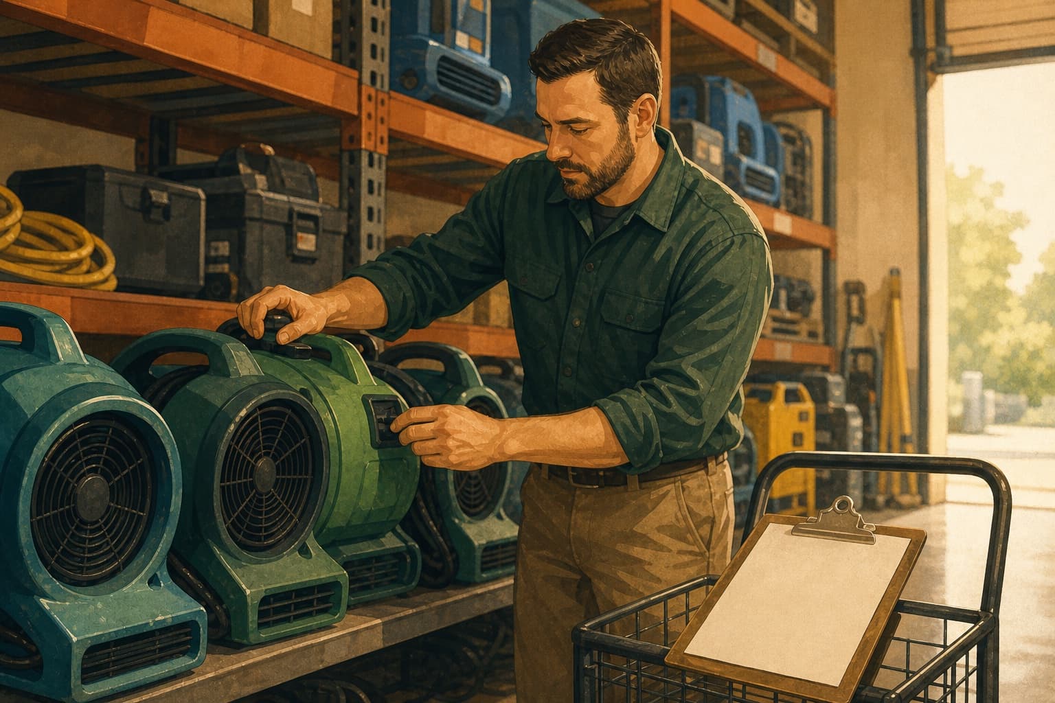 Restoration branch manager checking drying fans in a local equipment warehouse