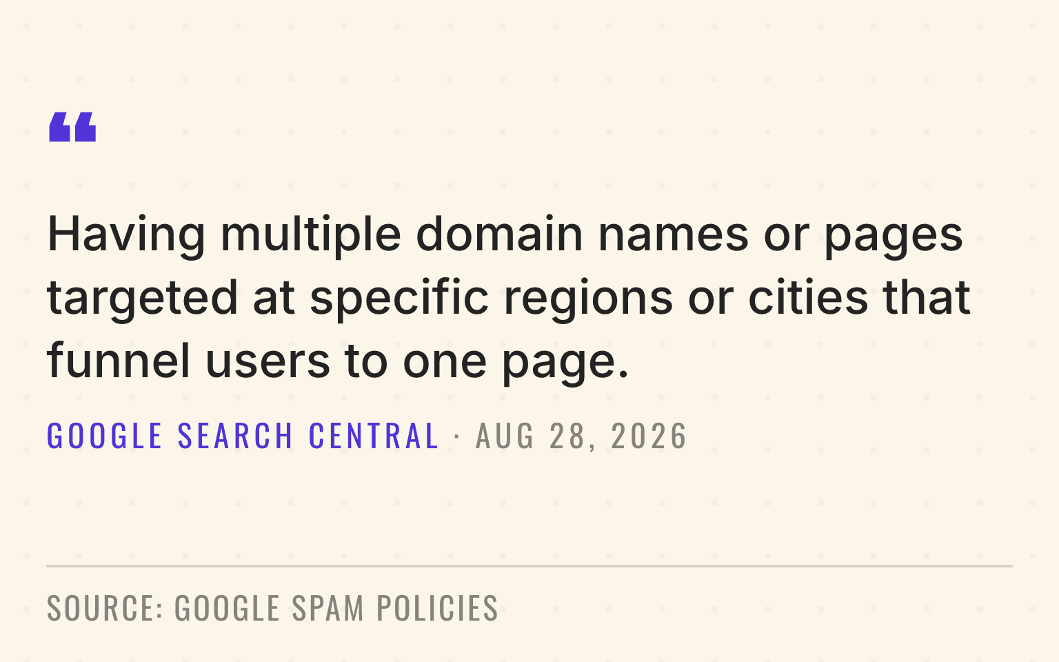 Quote plate reproducing Google's spam policy definition of doorway abuse as pages targeted at regions or cities that funnel users to one page