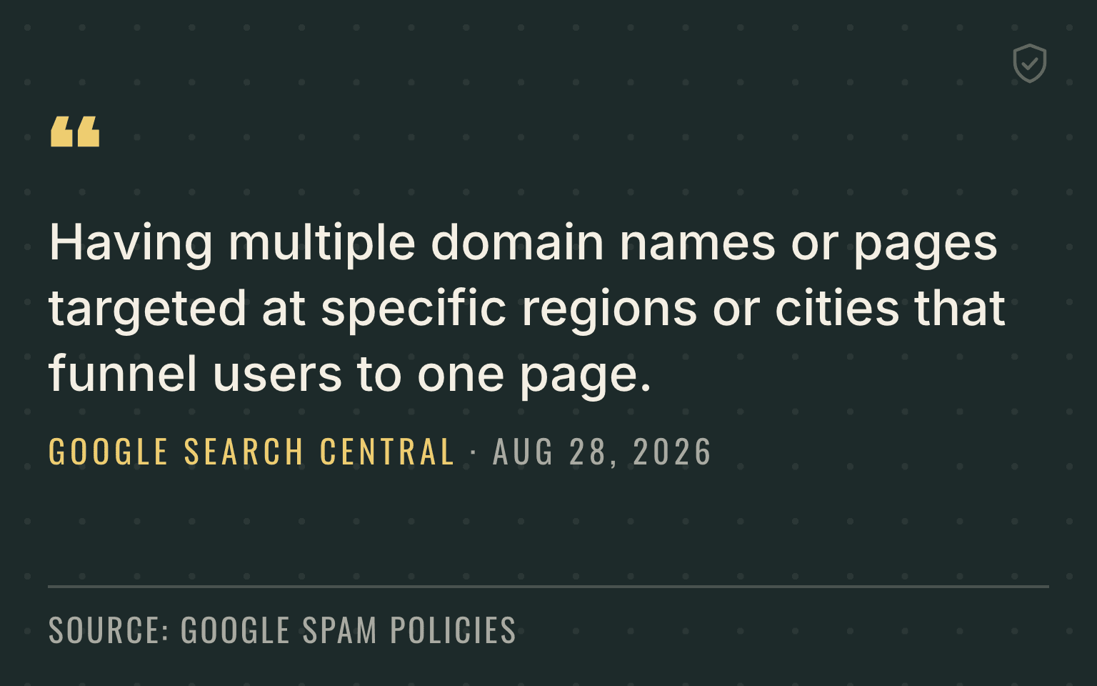 Quote plate reproducing Google's spam policy definition of doorway abuse as pages targeted at regions or cities that funnel users to one page