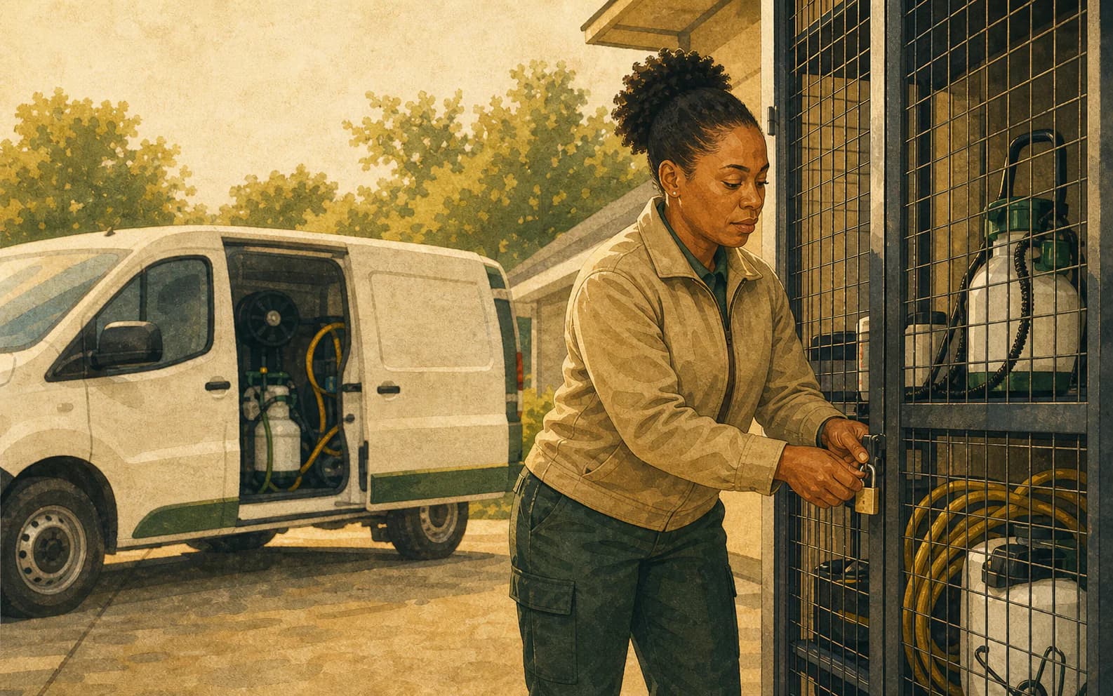 Pest control branch technician locking a service-yard equipment cage