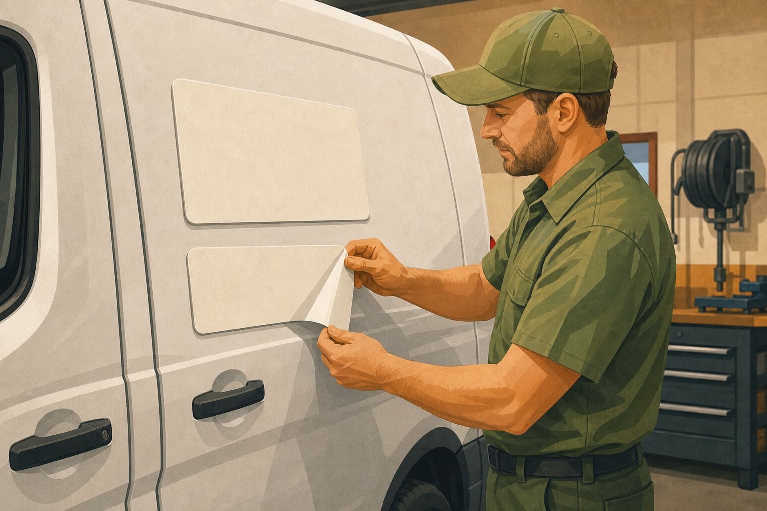 Garage door service manager removing a duplicate blank branch placard from an unbranded service van