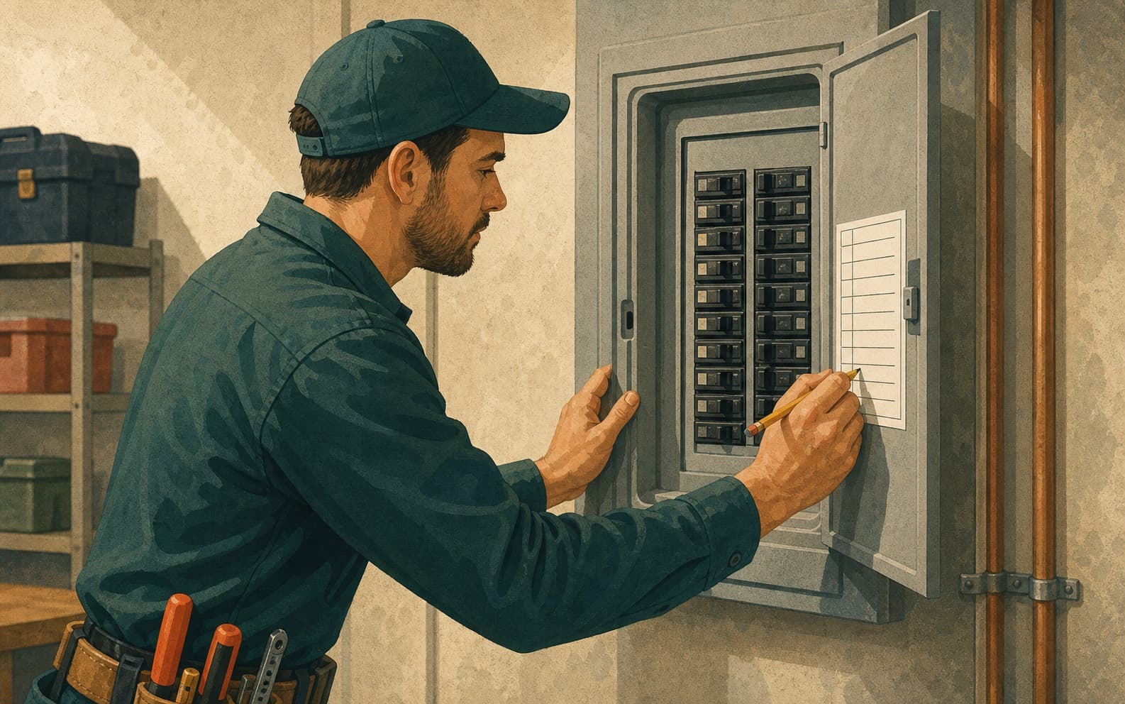 Electrician labeling a breaker panel directory