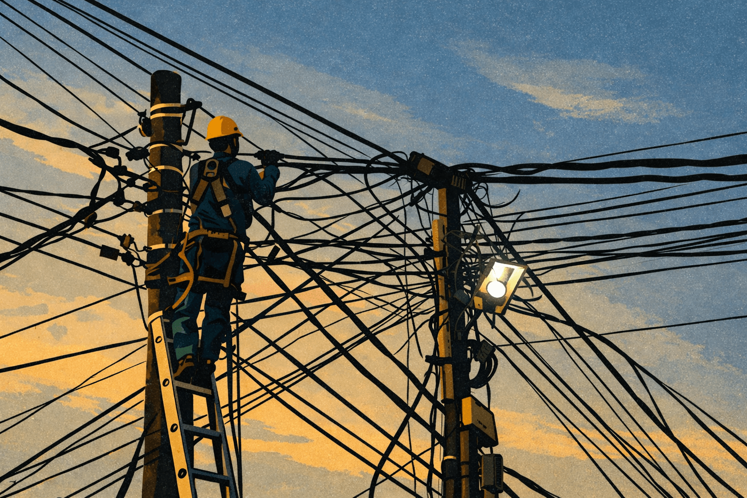 Electrician working on power lines