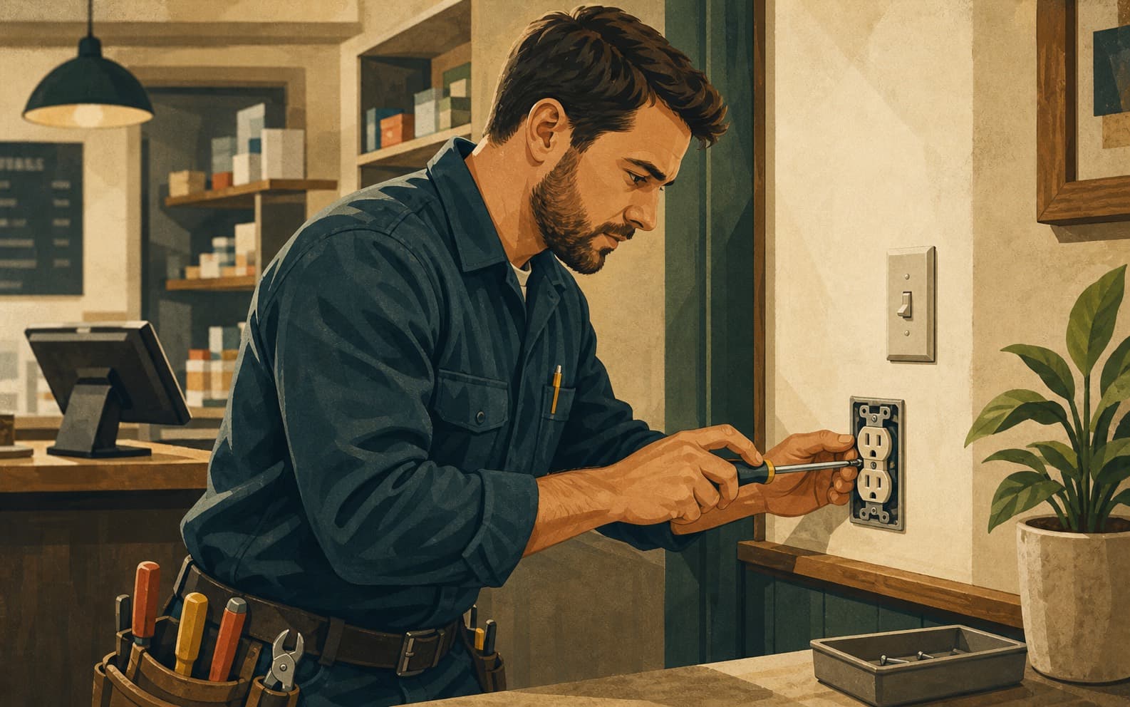 Electrician replacing a wall outlet inside a local business