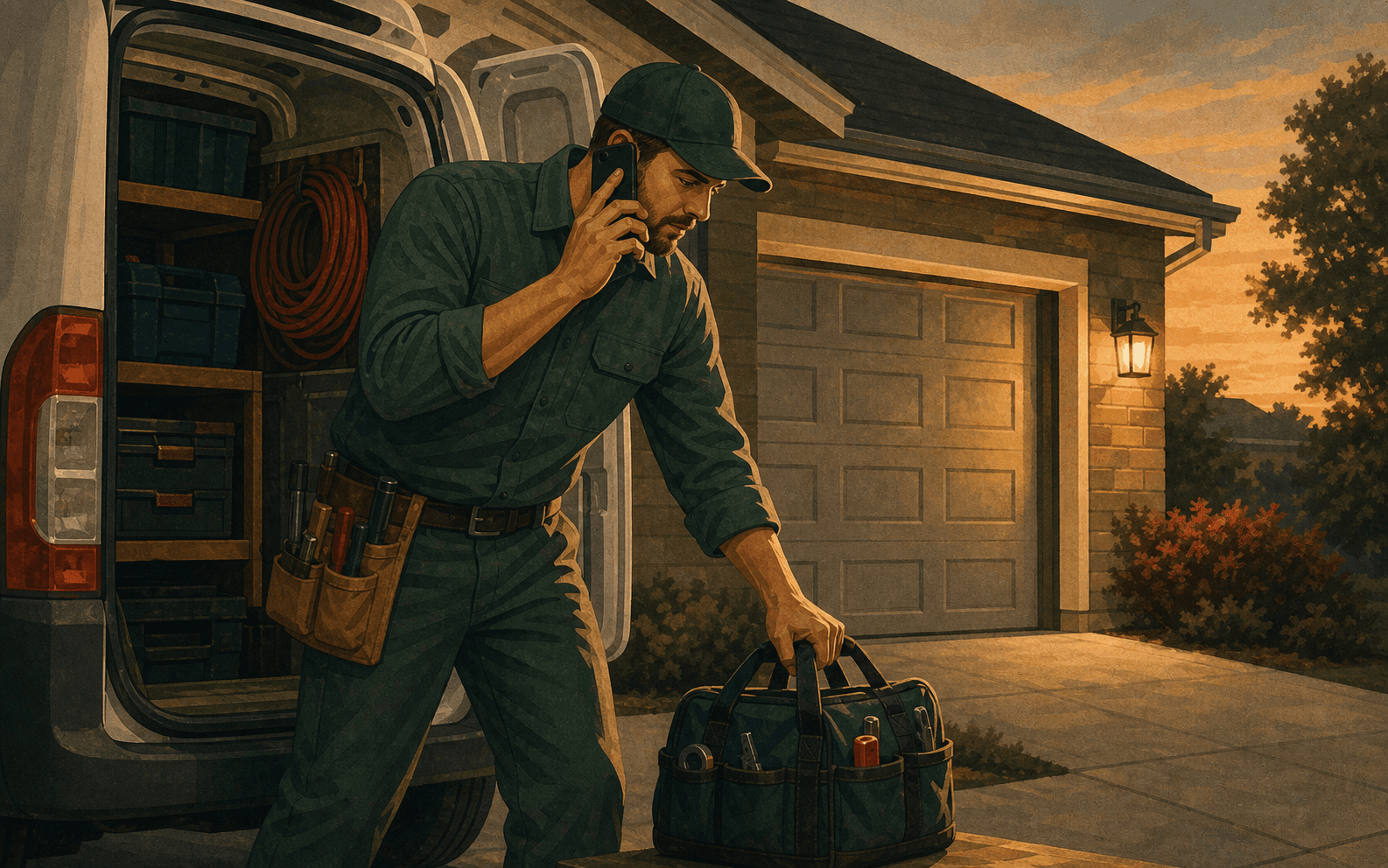 Garage door technician preparing for an after-hours dispatch beside an open service van
