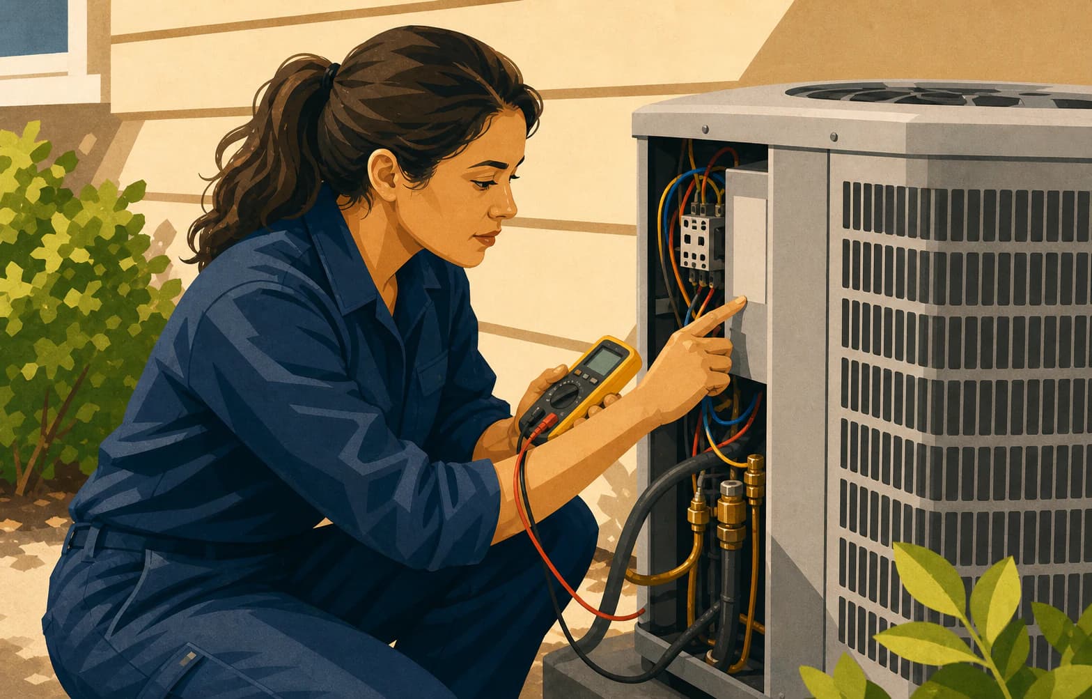 HVAC technician checking an unbranded outdoor condenser nameplate with a handheld meter