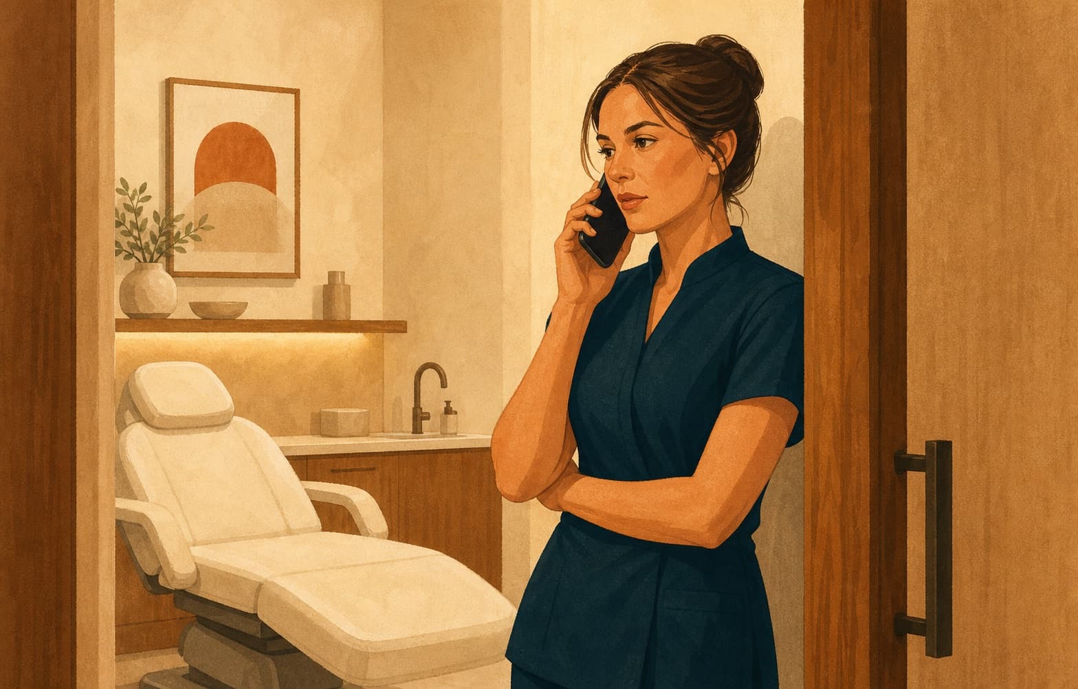 Med-spa location manager taking a customer escalation call in a treatment room