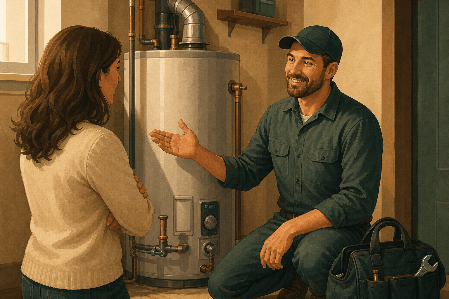 Plumbing technician explaining a completed water heater repair to a homeowner