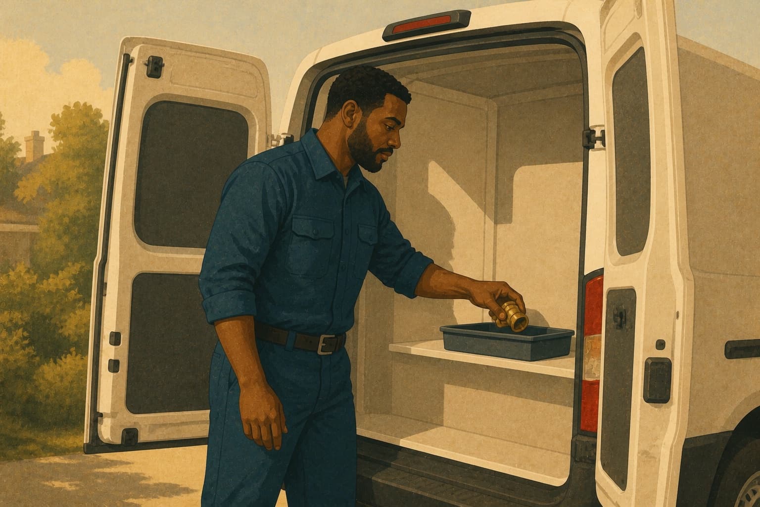 Plumber restocking one brass fitting into a service van parts bin