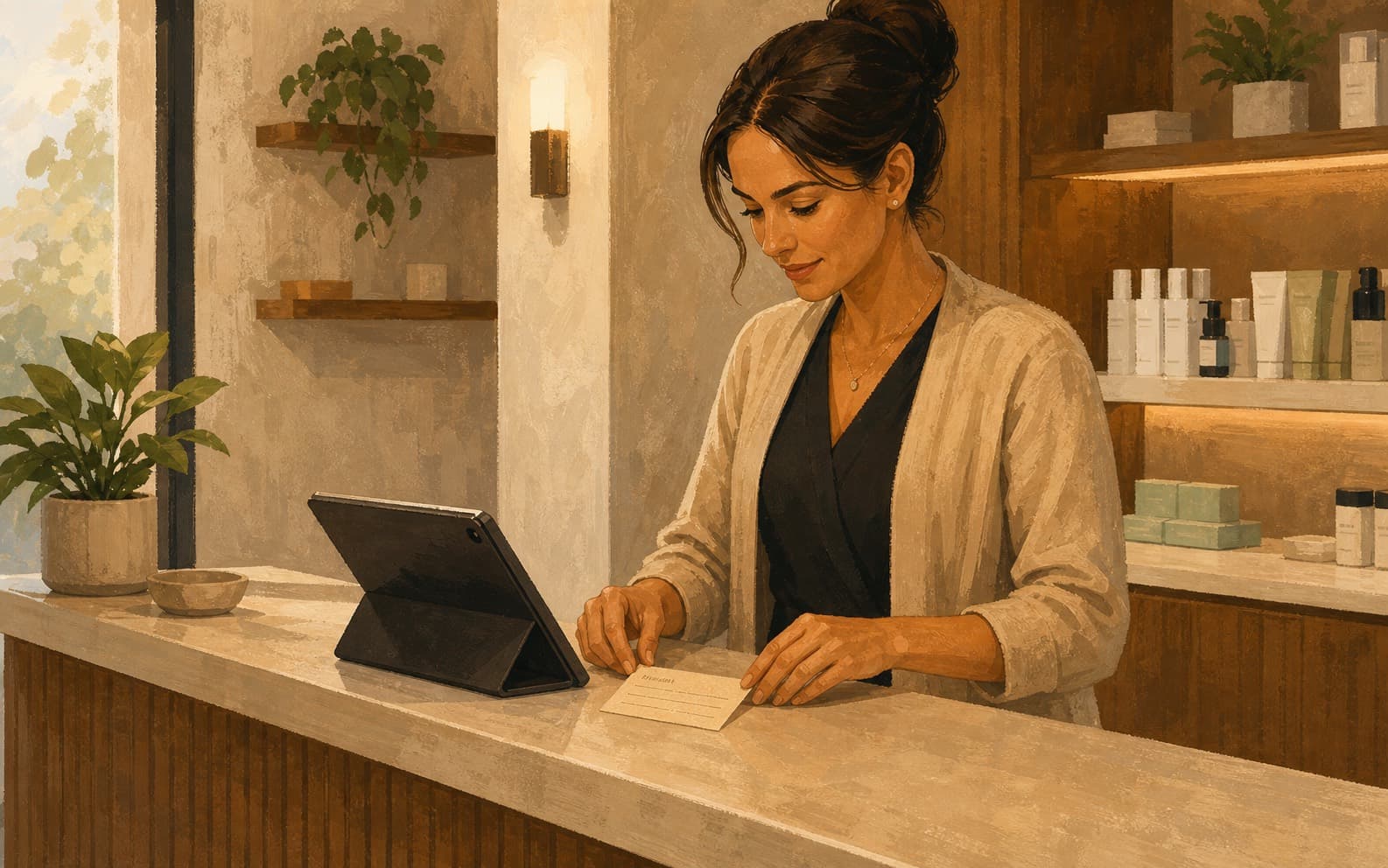 Wellness studio manager organizing an appointment card at the front desk
