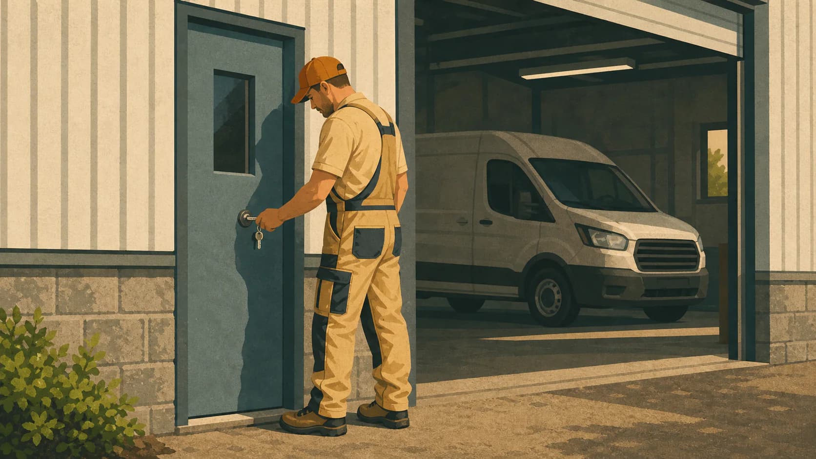 Garage-door service technician unlocking the entrance to a local service bay with an unbranded van inside