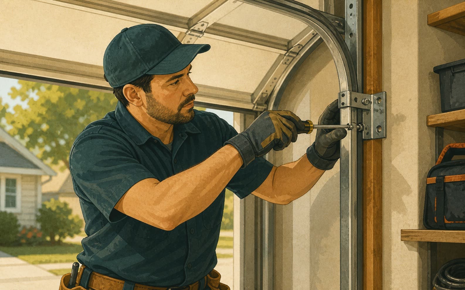 Garage door technician tightening a track bracket