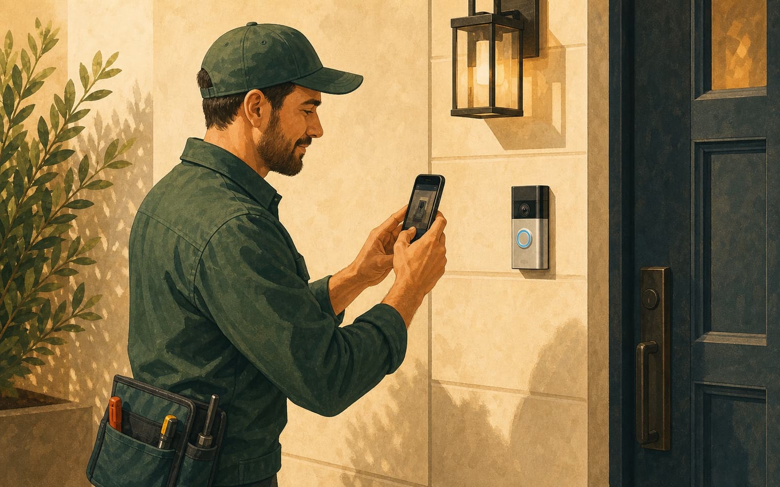 Smart-home security installer documenting a completed video doorbell installation