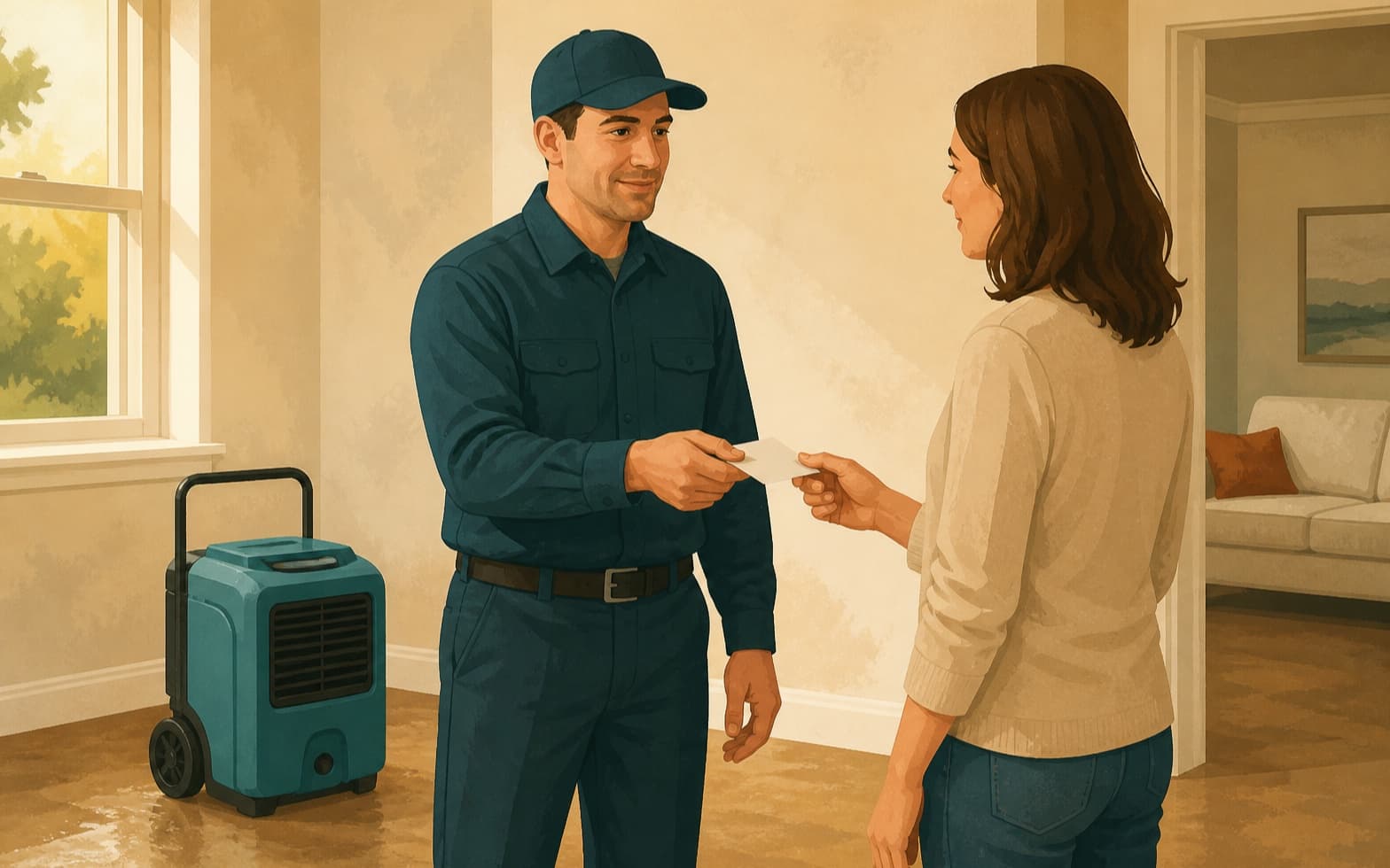Restoration supervisor handing a homeowner a completed inspection record