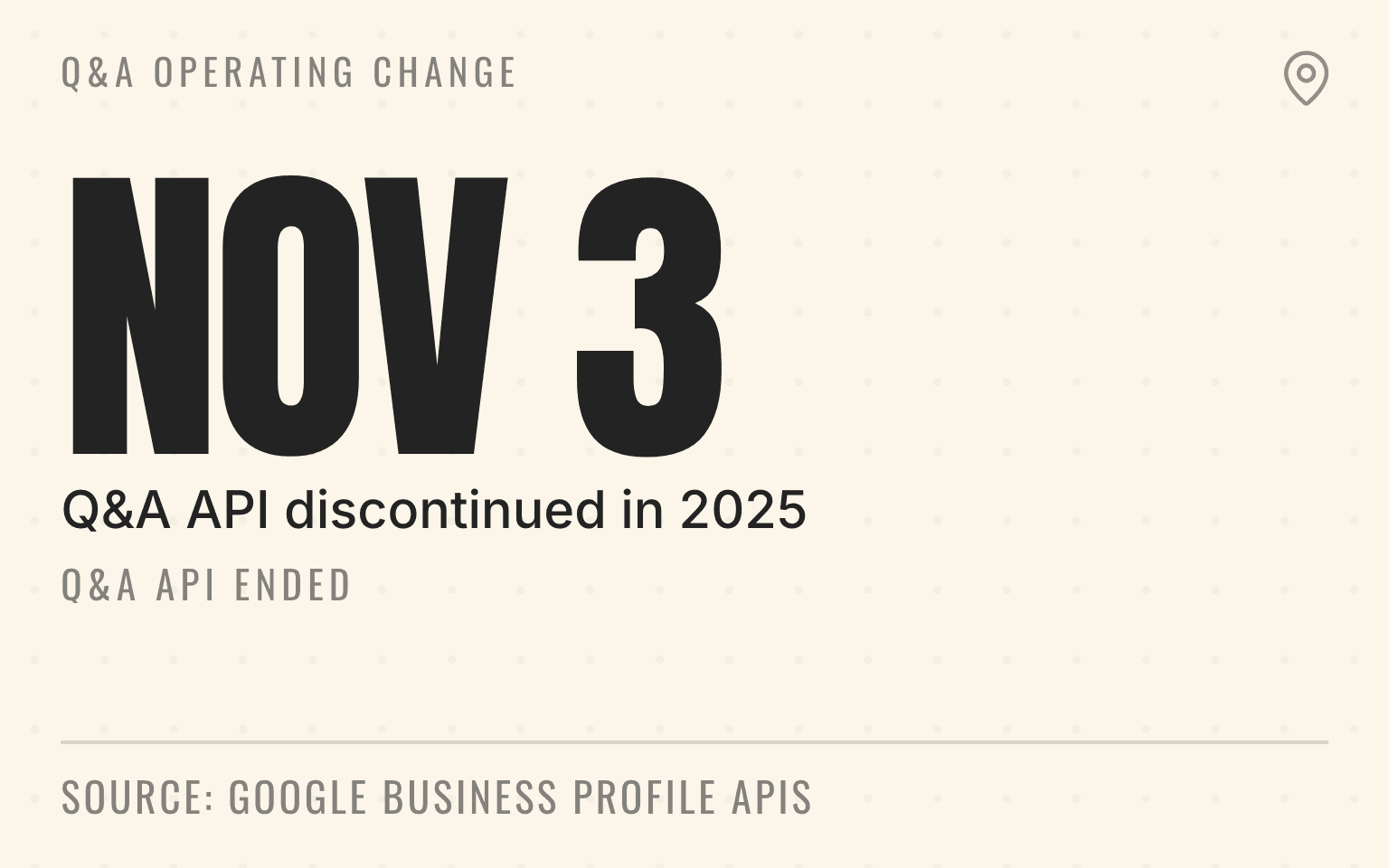 Stat card marking the November 3, 2025 end of Google Business Profile Q and A API access