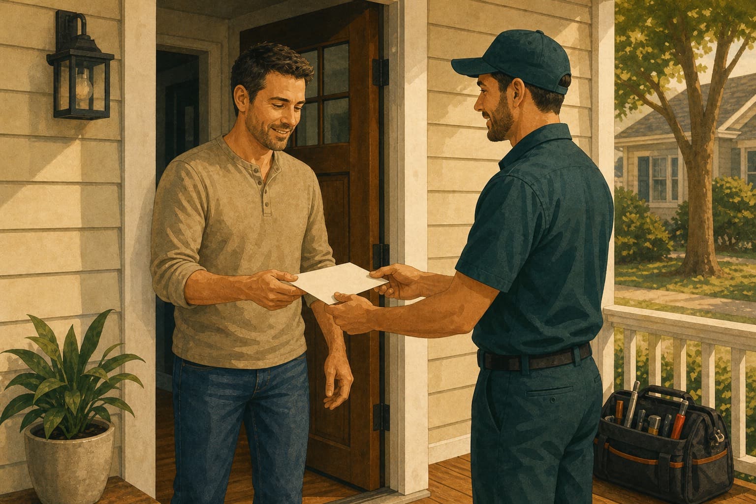 Home services technician handing a service estimate to a homeowner at the front door