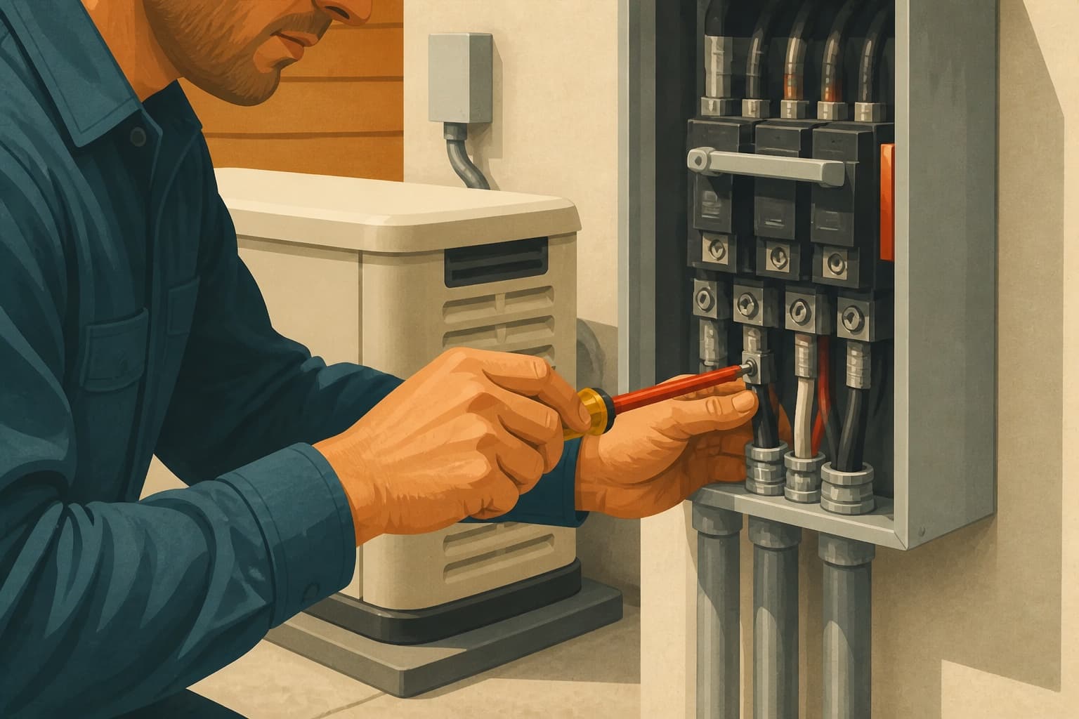 Electrician tightening a connection inside a residential generator transfer switch