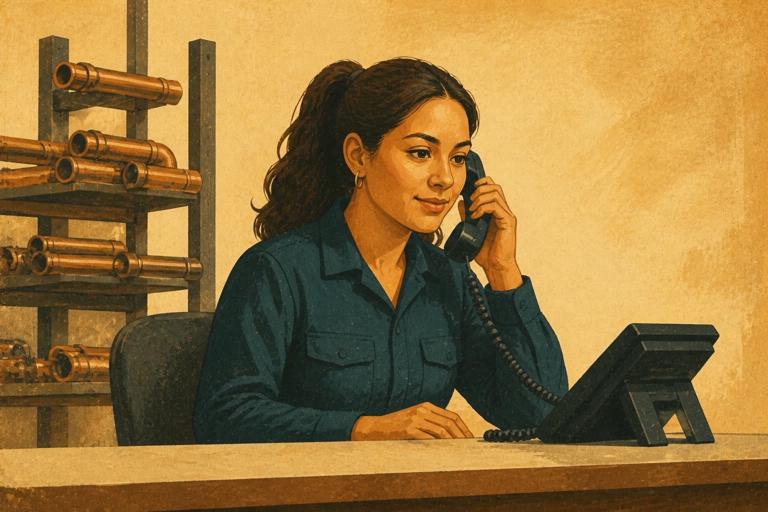 Plumbing dispatcher answering a customer inquiry on a branch phone