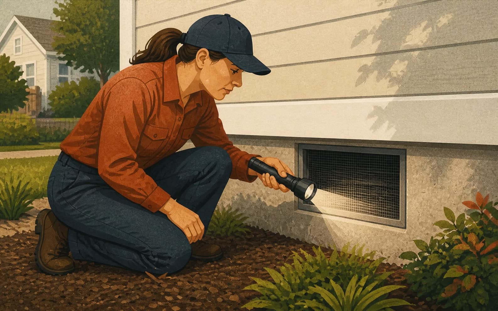 Pest-control technician inspecting a residential foundation vent with a flashlight