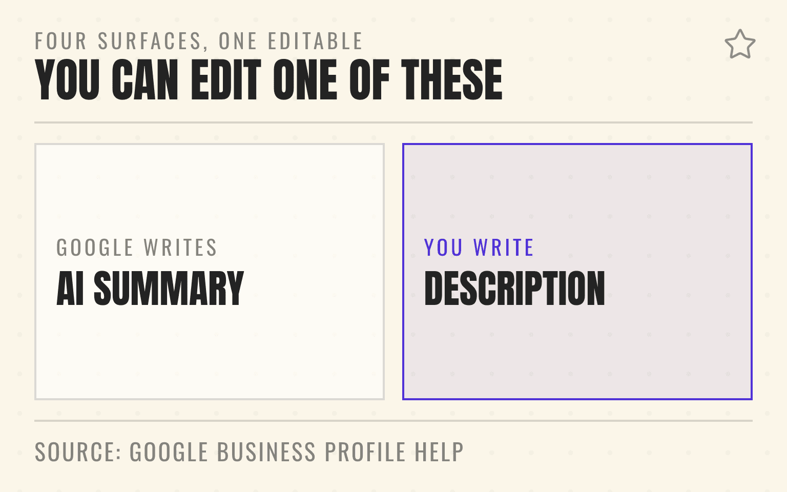 Card contrasting the Google-written AI review summary with the merchant-written business description